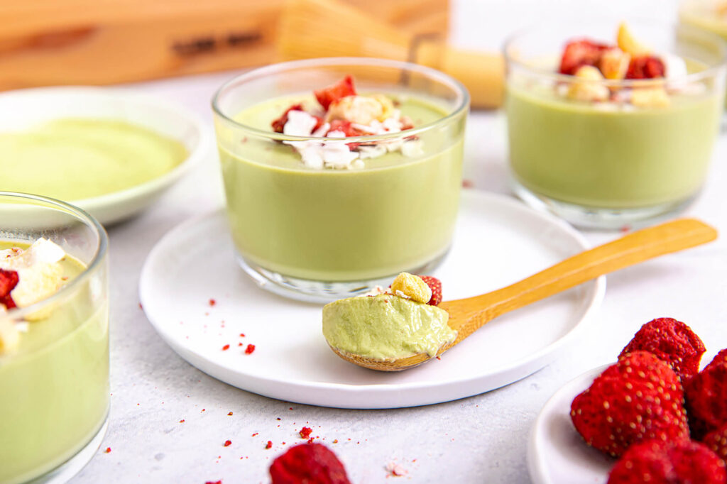 Matcha-Coconut Panna Cottas With Crispy Strawberry and Mango